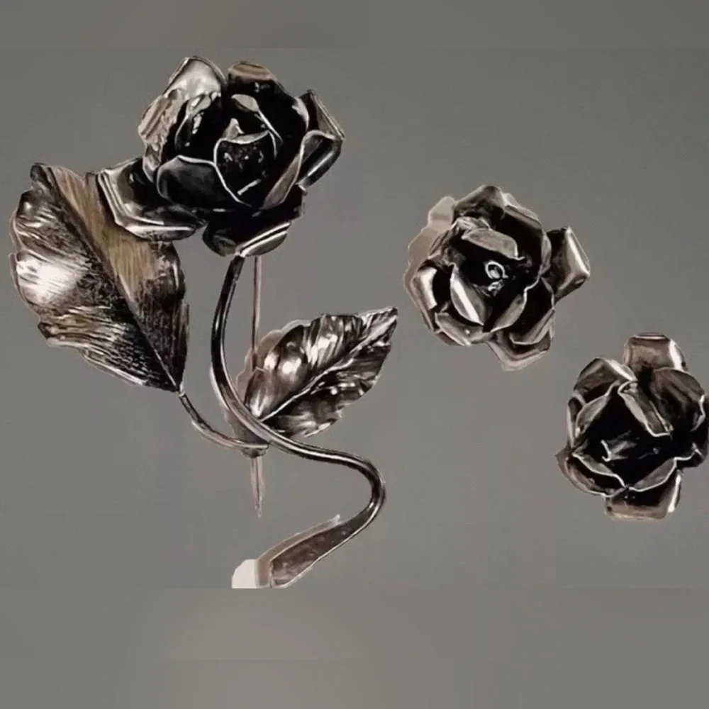 Sterling Silver Rose Brooch 3.5” 3-Pc Set Whimsigoth Wednesday Deco Pin Vintage